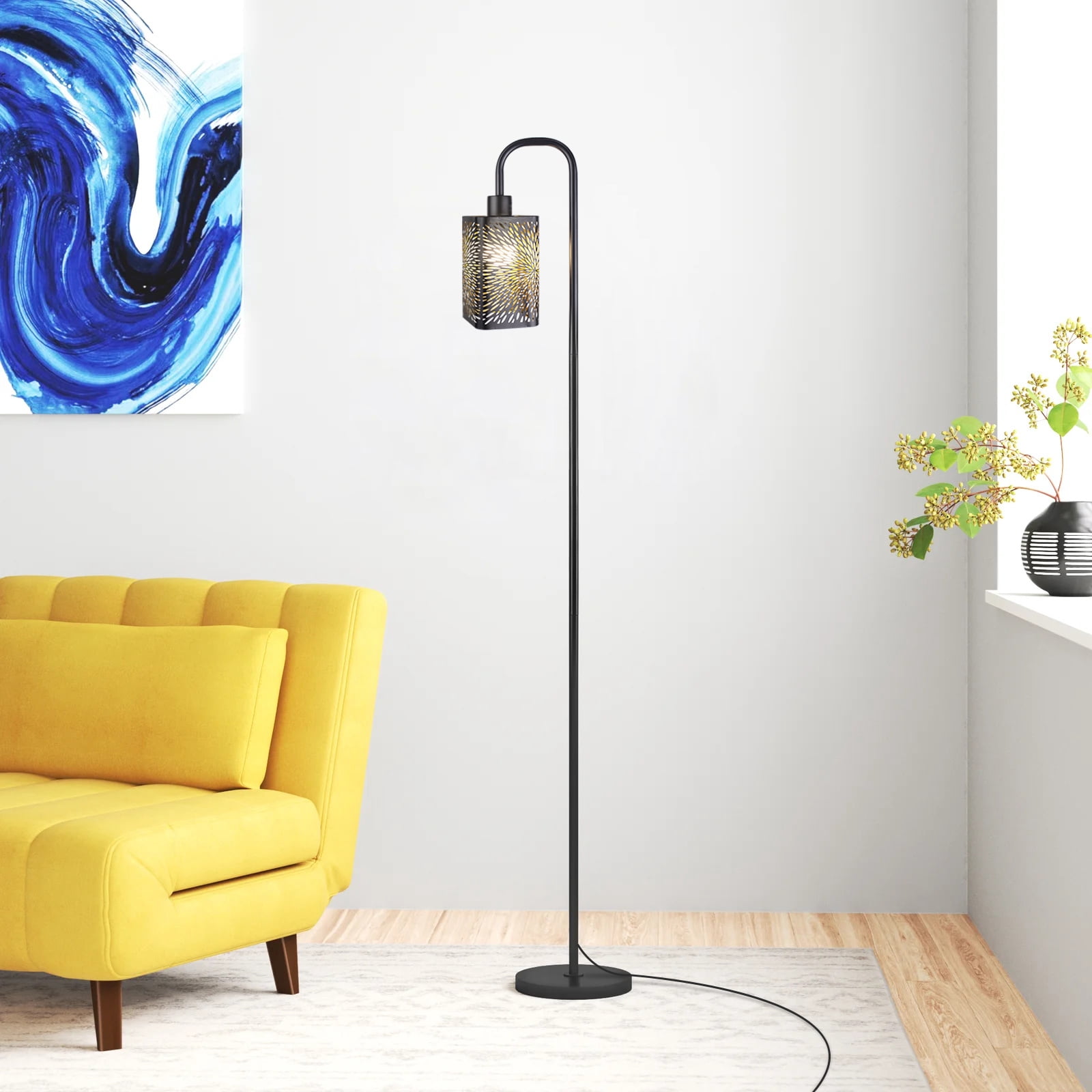 Industrial Floor Lamp with Hollow Carved Square Lamp Shade for Living Room Home DECO