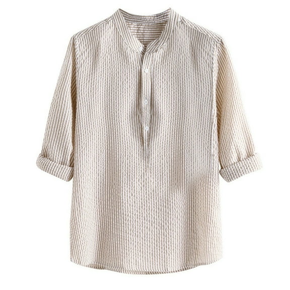 Bcfgryg Mens Fashion Casual Linen Striped Collar Long Sleeve Shirt Top Blouse Men's Casual Shirts