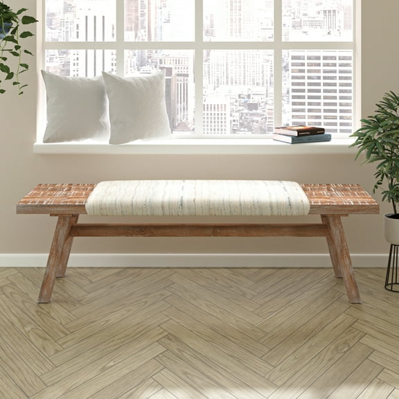 Ox Bay Una 50" Beige and Blue Coastal Upholstered Accent Bench