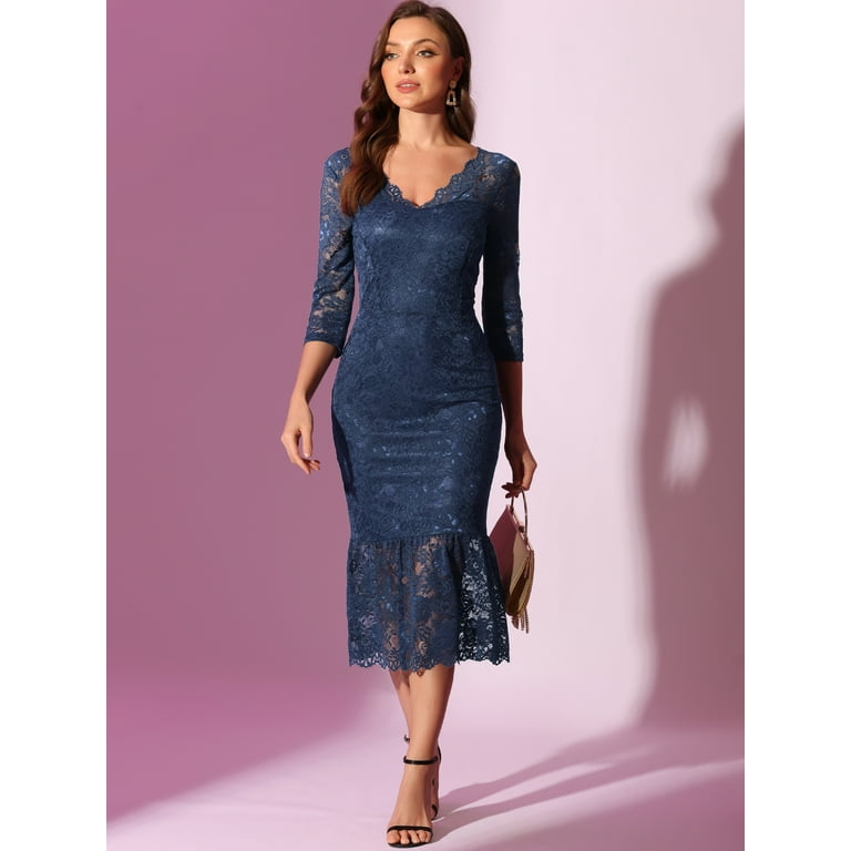 Unique Bargains Women's V-Neck Party 3/4 Sleeve Lace Ruffle Bodycon Dresses XS Dark Blue Unique Bargains Women's V-Neck Party 3/4 Sleeve Lace Ruffle Bodycon Dresses XS Dark Blue