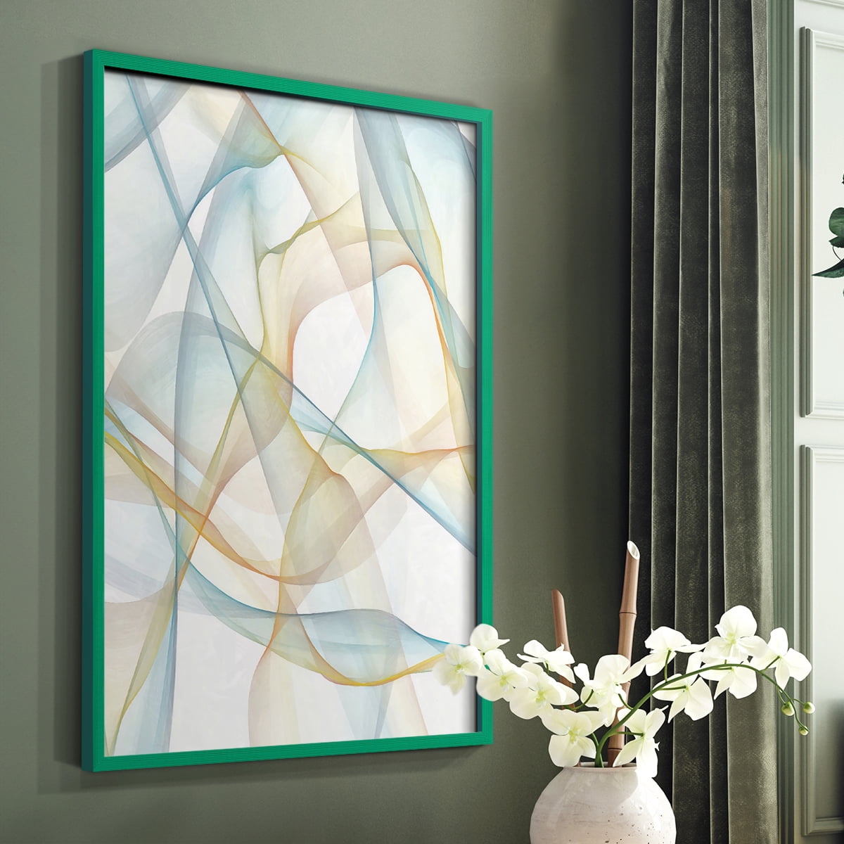 Curves and Waves III Framed Print in Green Solid Wood Framed Print No Nail Hanging
