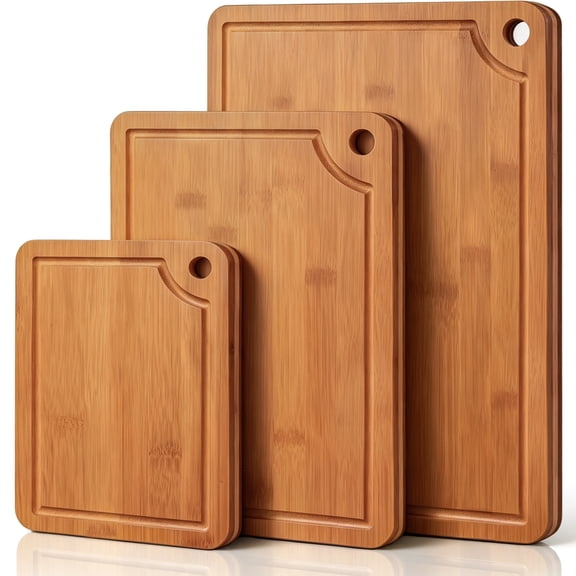 TINANA Bamboo Cutting Board Set, 3-Piece Wooden Cutting Boards with Non-Slip Mat, Deep Juice Groove & Built-In Handles for Meat, Vegetables & Fruit