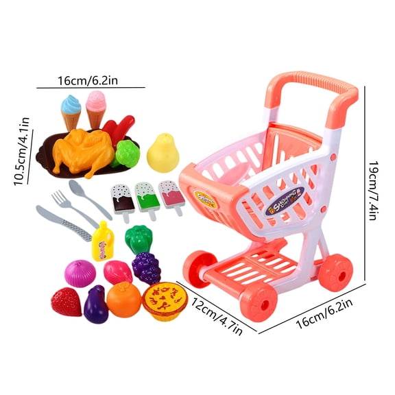 Kids Pretend Play Shopping Cart with Fake Fruits Vegetables, Supermarket Grocery Role Play Toy, Christmas Birthday Holiday Gift, Educational Fine Motor Imagination Toy for Toddler Boys Girls 3 