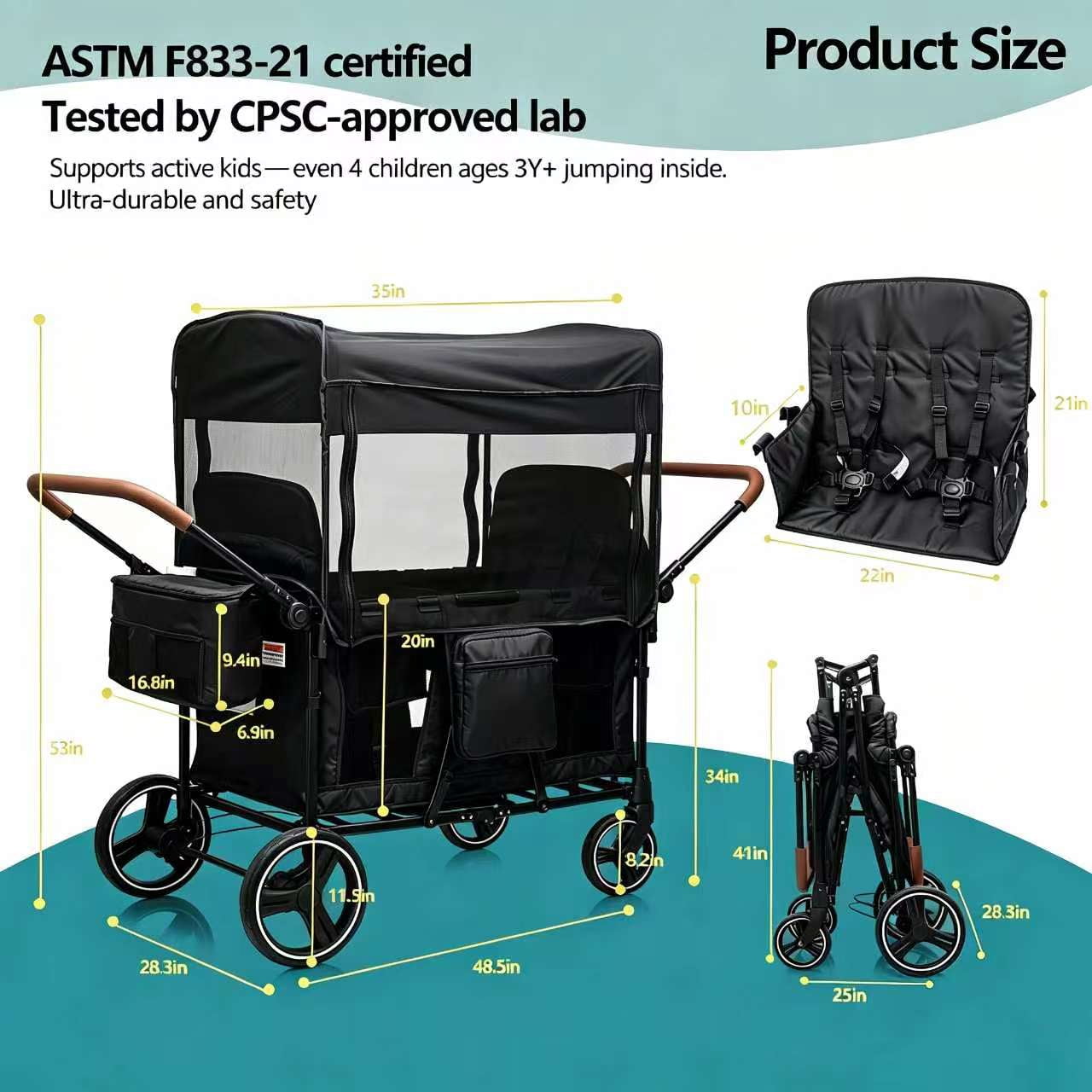 Stroller Wagon for 4 Kids, Premium High-Leg 4-Seater Push Pull Wagon with 2 Removable Seats, 5-Point Harnesses, Adjustable Canopy, Mosquito Net,Snack Tray, Storage, Easy Fold for Travel Camping