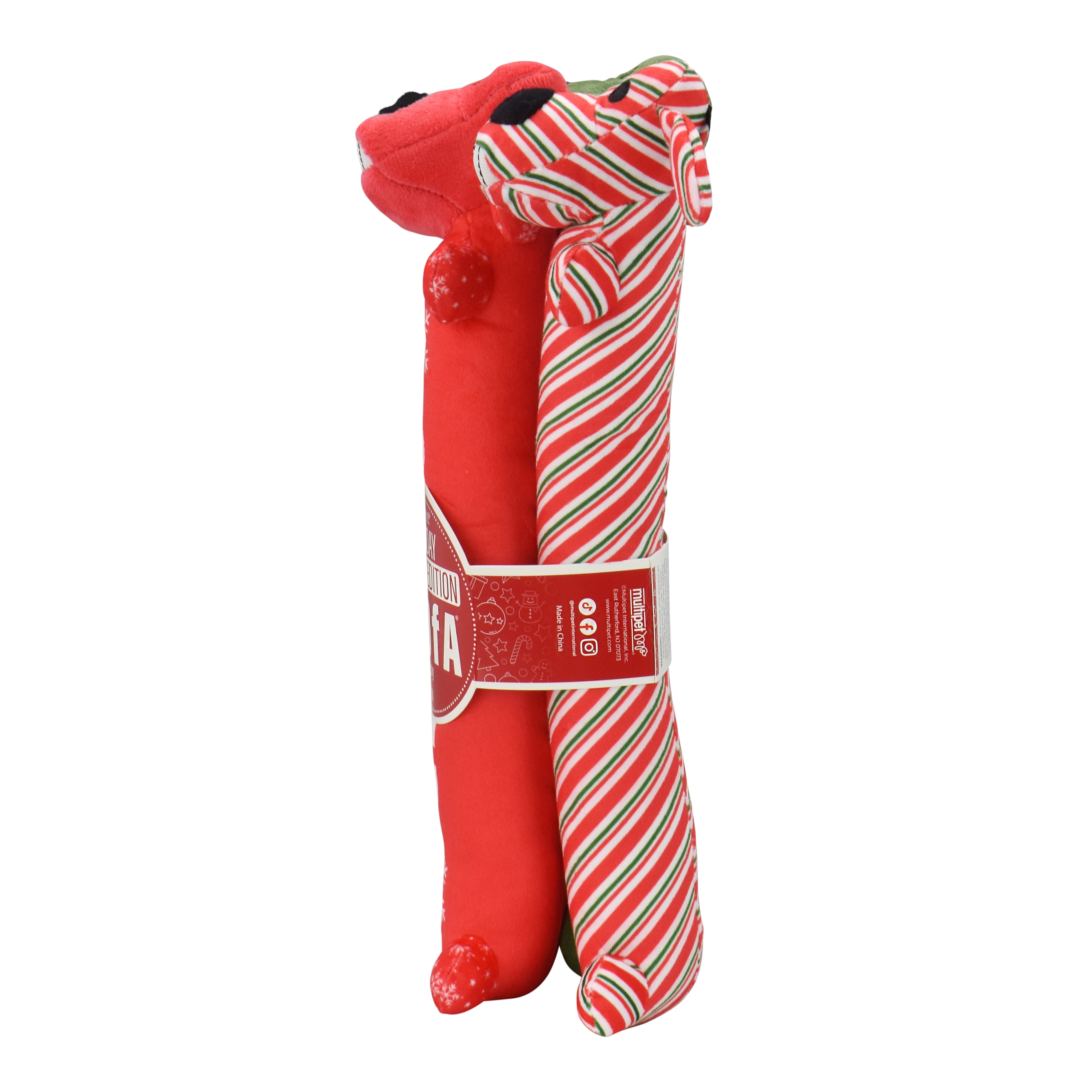 Multipet Plush Holiday Loofa Dog Toys with Holiday Theme Patterns, Stuffing & Squeaker, 3 Pack