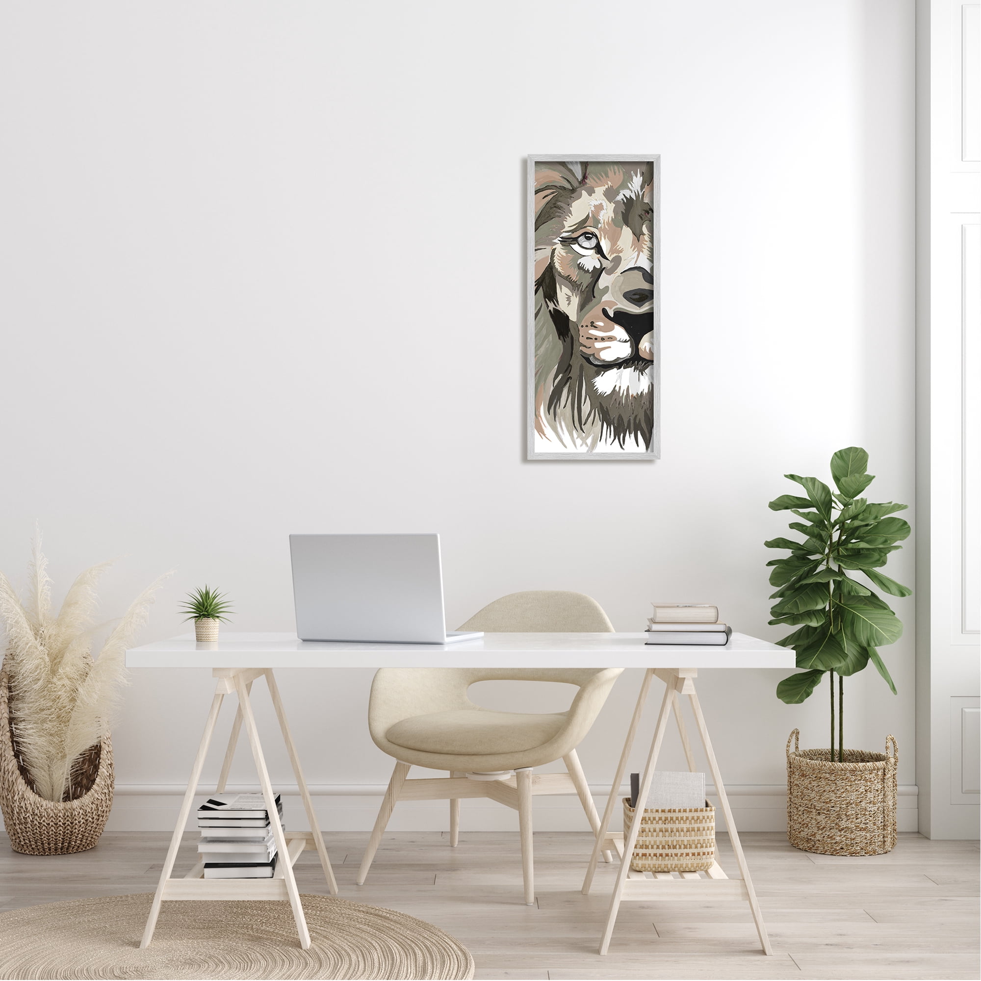 Stupell Industries Muted Lion Face Portrait Animals & Insects Painting Gray Framed Art Print Wall Art, 13 x 30