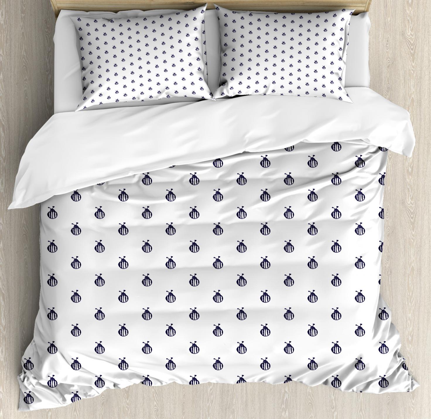 Blue And White Duvet Cover Set Queen Size Hand Sketch Drawing Style Series Of Insects Doodle Colorado Bettle Decorative 3 Piece Bedding With 2