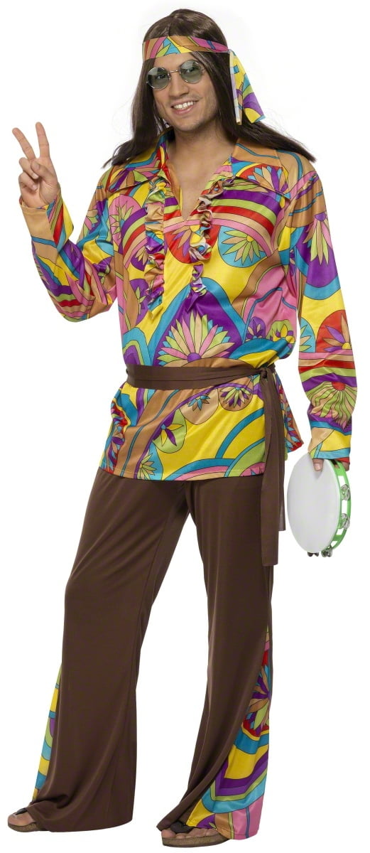 Mens 60s 70s Groovy Guy Adult Retro Hippie Shirt Flares Fancy Dress Costume 
