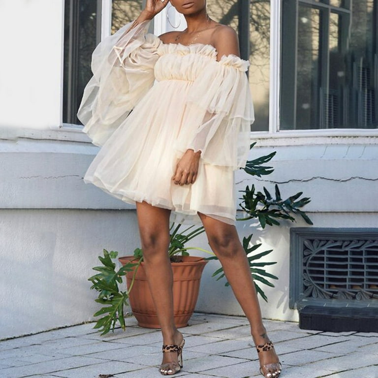 Gwong Mini Dress Off Shoulder Ruffle Women Slash Neck Flare Sleeve Mesh  Dress Streetwear - Walmart.com