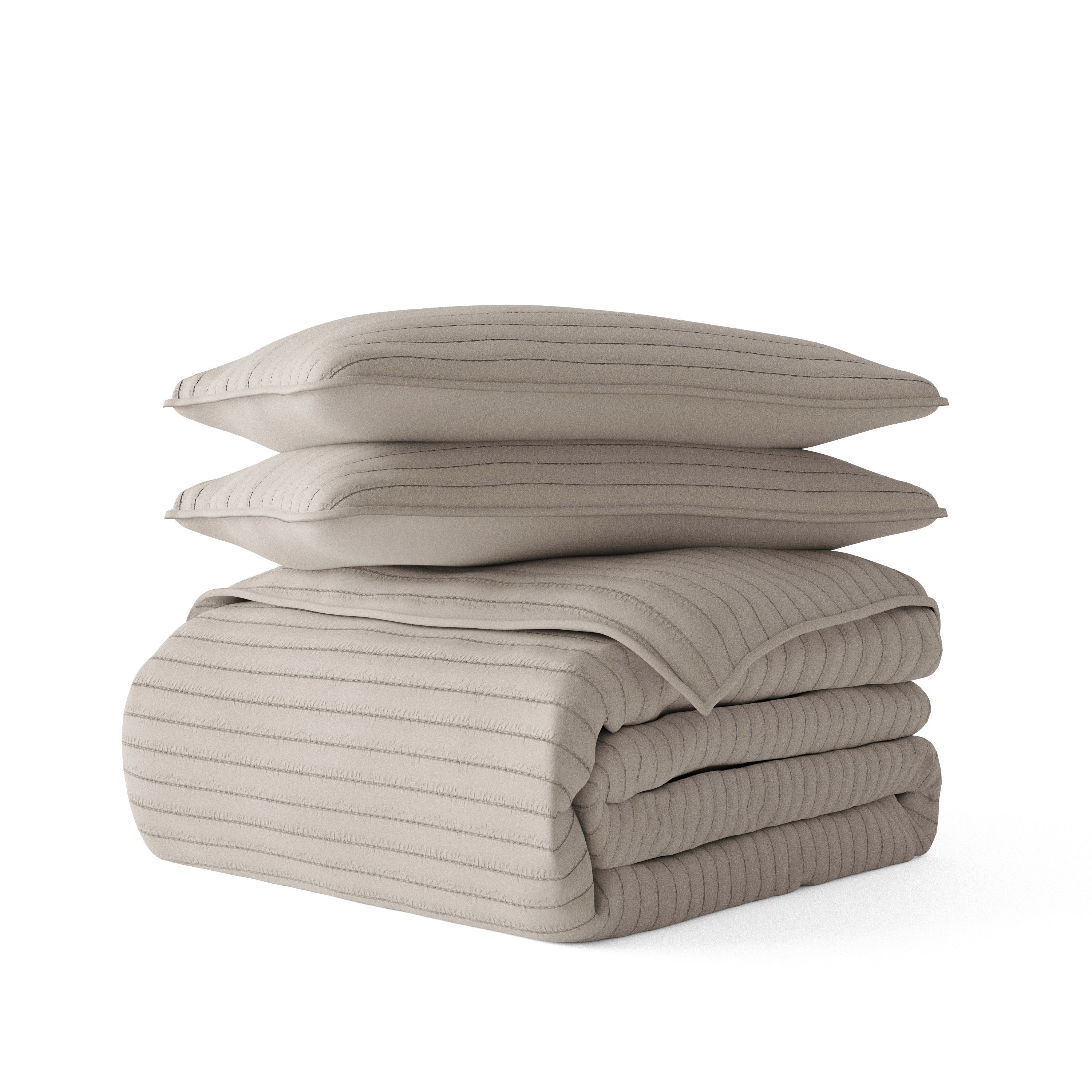 Noble Linens 3 Piece Latte Stripe Stitch Quilt Set, King / CalKing
