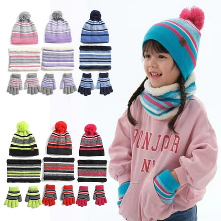 

KYAIGUO 3PCS Baby Boys Girls Winter Beanie Hat Scarf Gloves Set Toddler Striped Pom Beanie Glove Neck Warmer Fleece Scarf Set