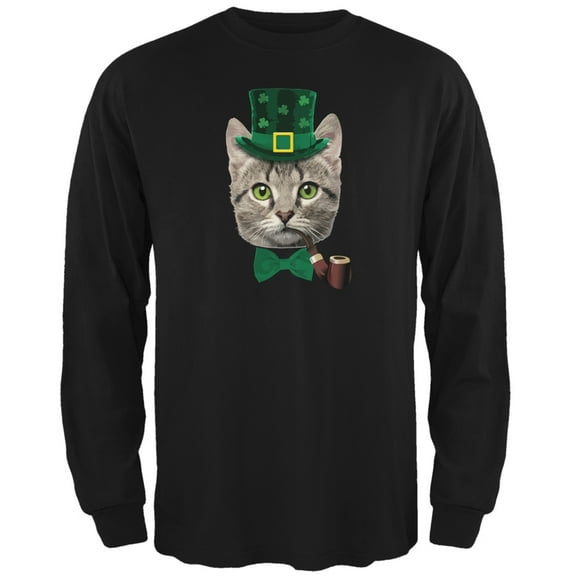 St. Patrick's Funny Cat Black Adult Long Sleeve T-Shirt - Small