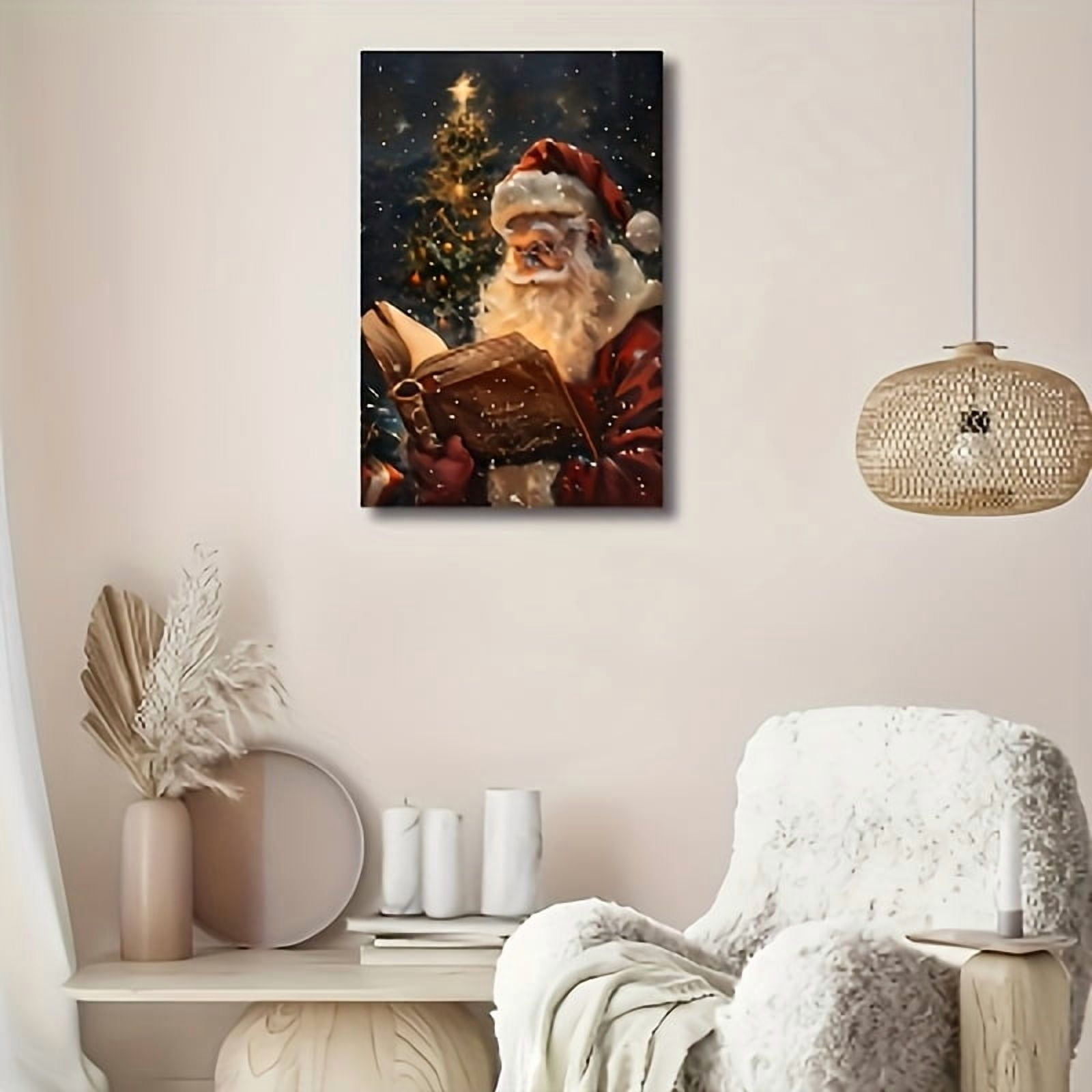 Framed Santa Claus Reading Canvas Wall Art - Waterproof Print, Festive Holiday Decor for Home, Ideal for Christmas & Halloween, Featuring Santa in his Traditional Attire