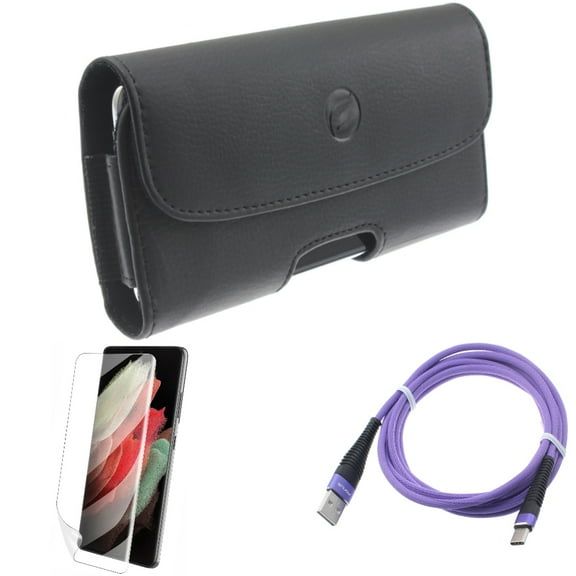 Matte Screen Protector w Case Belt Clip w 6ft USB Cable for Samsung Galaxy S21 Plus - TPU Film Anti-Glare, Leather Holster, Purple Type-C Accessory Bundle