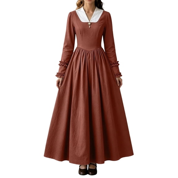 Lnmiateer Women Modest Colonial Pioneer Costume Maxi Dress Collar Ruffle Long Sleeve A‑Line Gown for Vintage Halloween Social Events