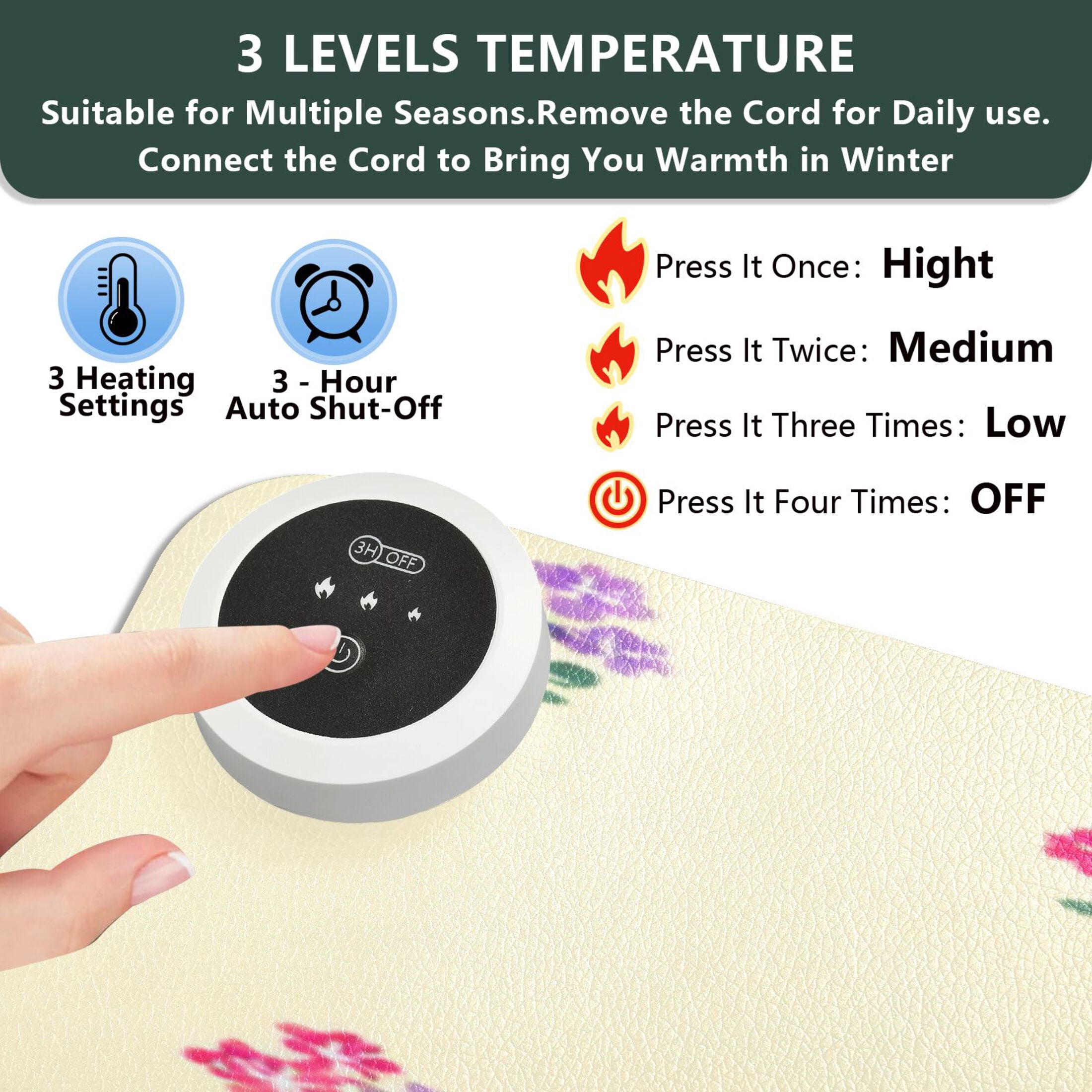 Large Heated Desk Mat Mouse Pad 31.5"x13"PU Leather Graphene Heating Desk Warmer with 3 Temperature Settings 110V US Plug Non-Slip Warm Pad for Home, Office, and Gaming Spring Ditsy Wildflowers Print