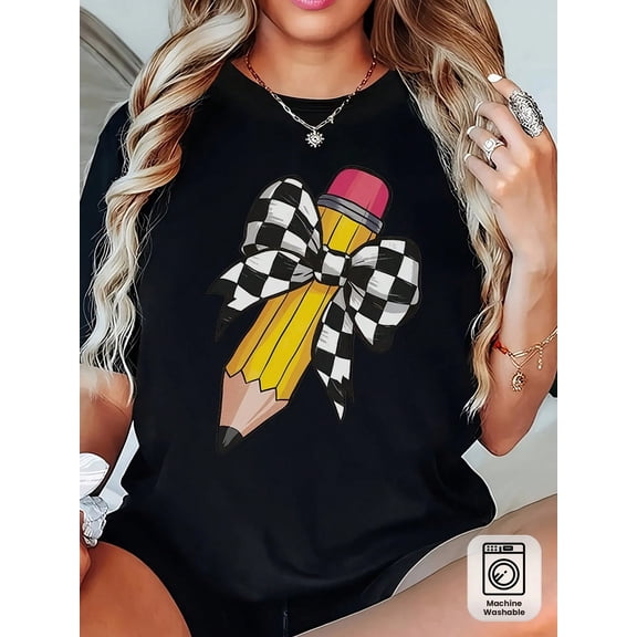 Women's Teacher T-Shirt - Soft Breathable Black Crew Neck Top With Yellow Pencil Print & Checkered Bow Tie Design - Casual Short Sleeve Shirt For Teachers