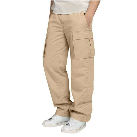 Cethrio Boys Cargo Pants Size 10-12, Multi-pocket Relaxed Fit Casual Elastic Waist School Pants Khaki