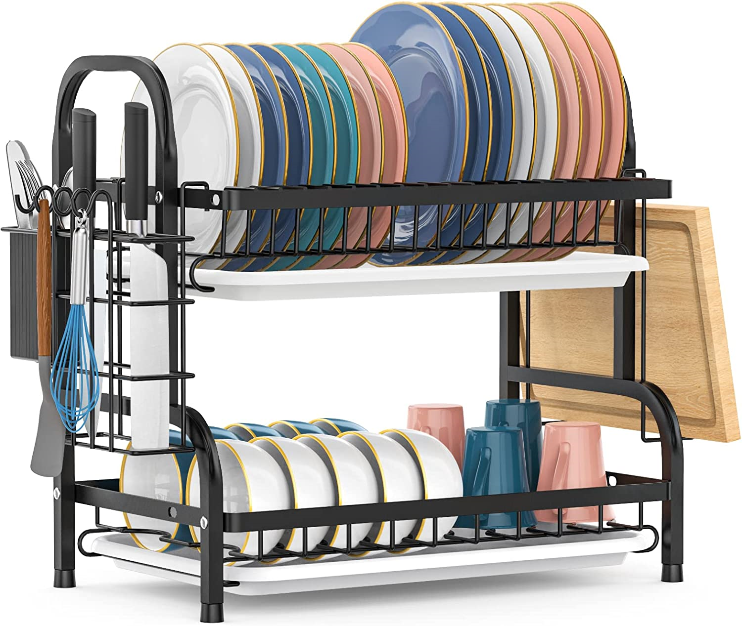 Dish Drying Rack, 2 Tier Dish Rack with 2 Drainboard Set & Cutting