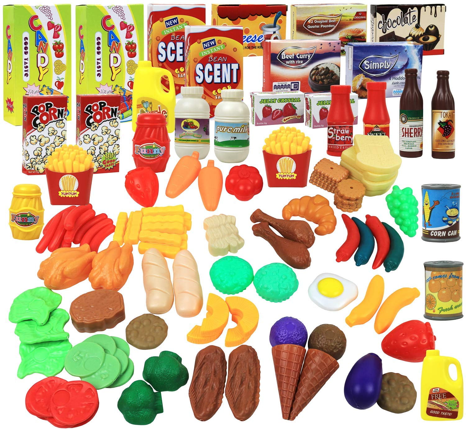 120 Piece Plastic Kitchen Set Food Lot Grocery Beverages Pretend Play BPA Free 