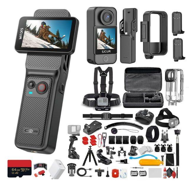 SJCAM C400) C400 Caméra d'Action Portative 3-en-1 / Caméra de Vlogue Compacte à Modes Multiples avec Prise Intégrée et Commandes à Écran Tactile / Mini Caméra Étanche pour Voyage ( + Trousse d'Action 50-en-1 + Carte 64 Go + Plus