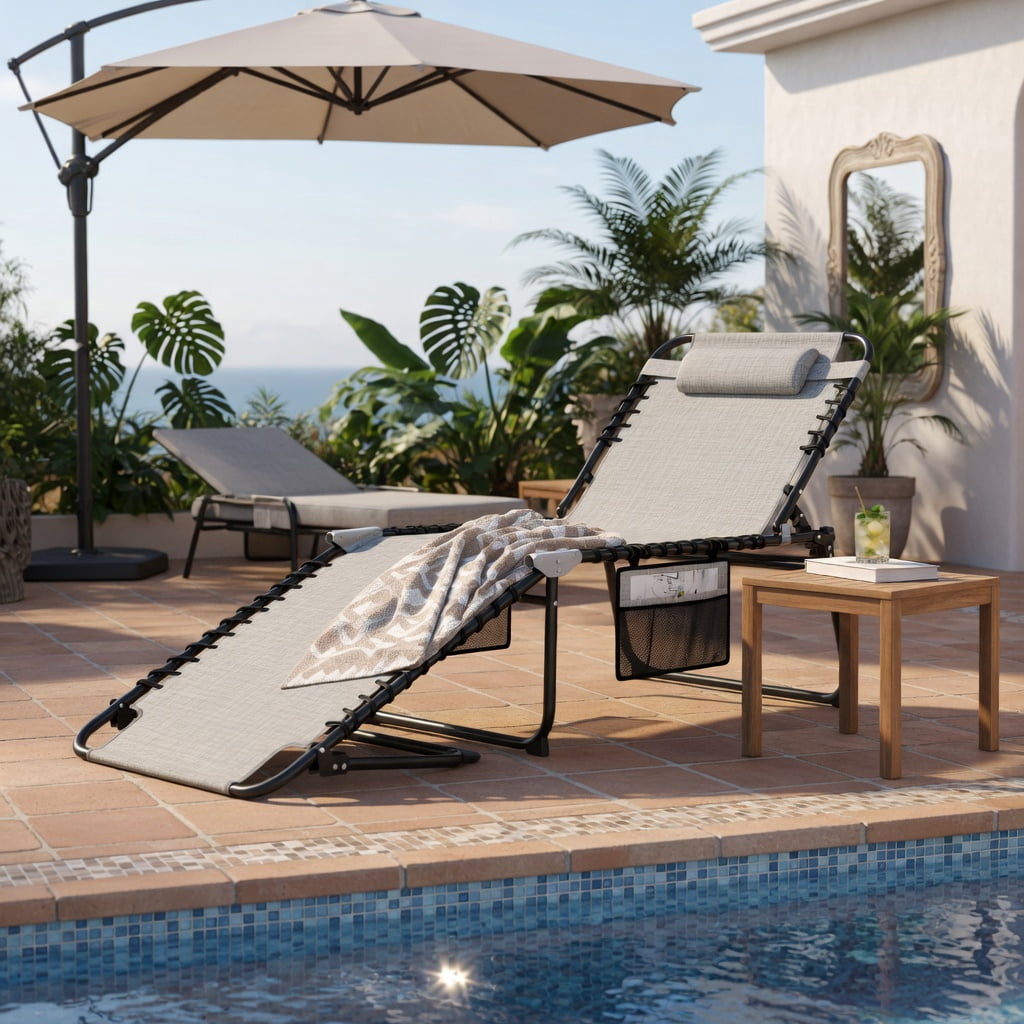 Hommoo 4-Position Adjustable Folding Lounge Chair with Detachable Headrest & Side Pocket, Heavy-Duty Steel Frame, Portable Sun Lounger for Poolside, Backyard & Camping, Gray