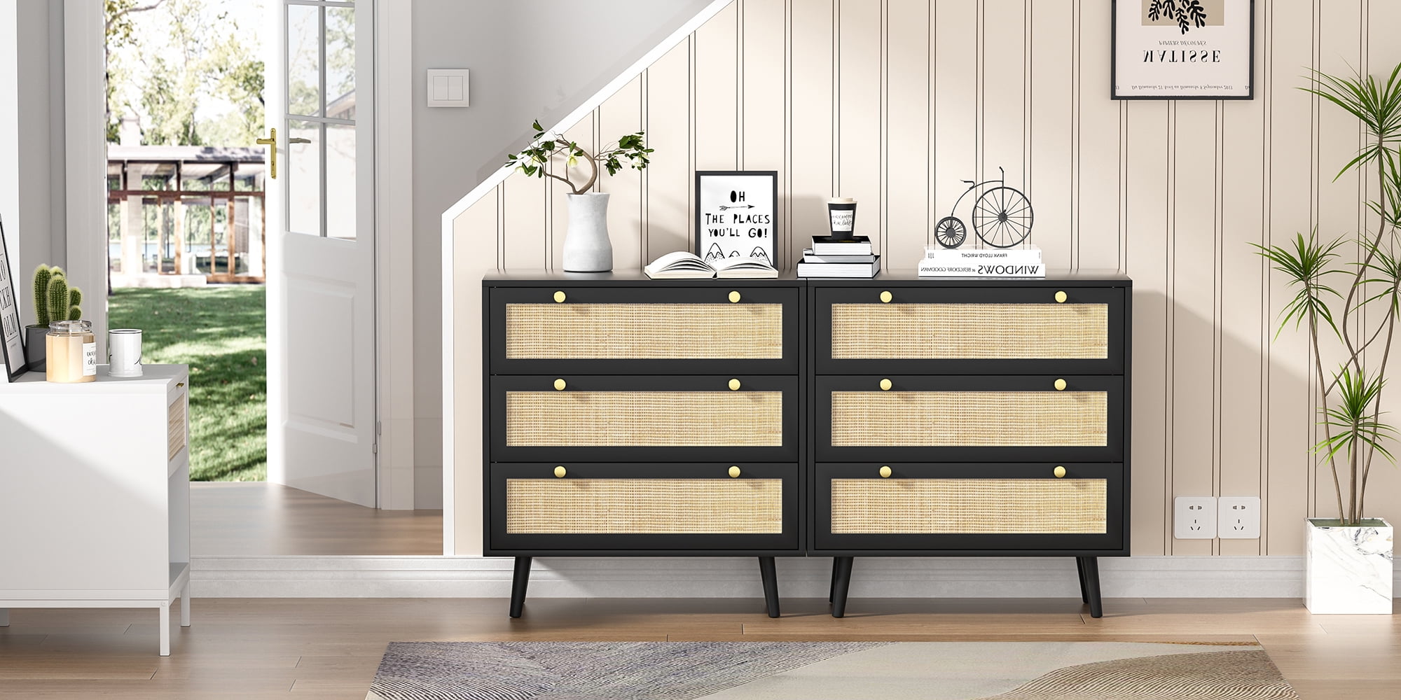 Commode 3 Tiroirs En Rotin Et MDF - Style Bohème - 80x80x40 Cm - Charge Max 40 Kg - Pour Chambre, Salon, Couloir - 10