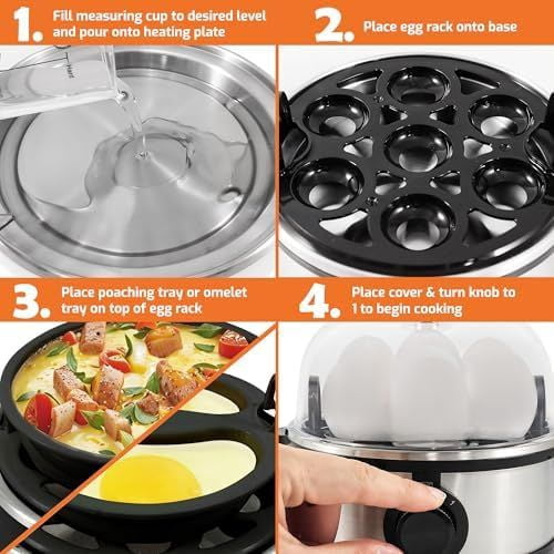 EGC724SS Easy Electric Poacher, Omelet Eggs & Soft, Medium, Hard-Boiled Egg Boiler Cooker with Auto Shut-Off and Buzzer, Measuring Cup Included, BPA Free, 7, Stainless Steel