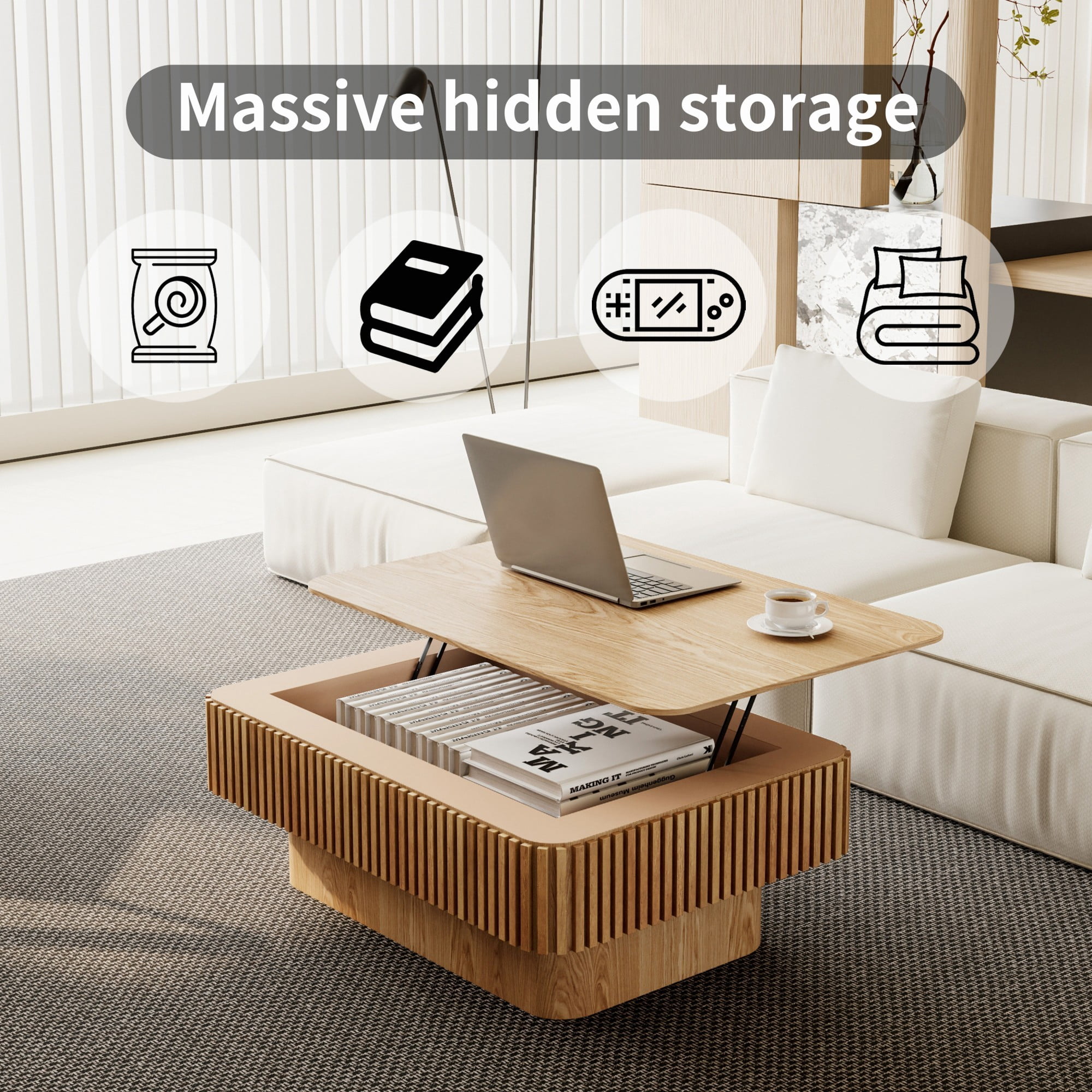 Lift Top Coffee Table with Storage, 38.6" Fluted Coffee Table with Adjustable Height, Modern Wood Veneer Center Table for Living Room, Natural