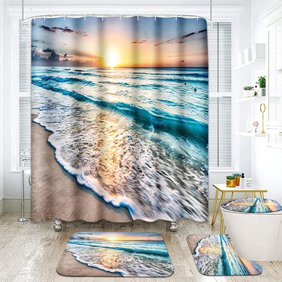 Pcs Summer Beach Shower Curtain Sets Sea Ocean Bathroom Set Decor with Non-Slip Rugs Bath U-Shaped Mat Toilet Lid Cover Waterproof Starfish Shell Bathroom Curtain Shower Set with 12 Hooks