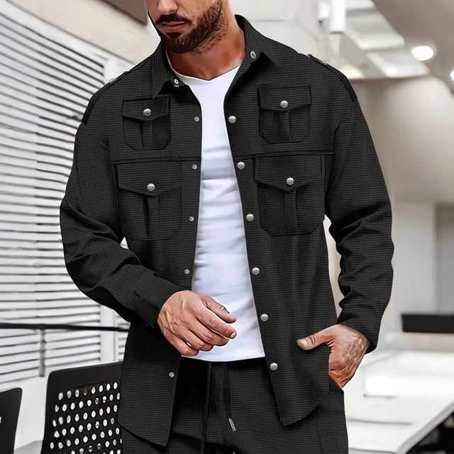 pstuiky manga larga para hombre, Chaqueta tipo cárdigan de manga larga con solapa y botones, color liso, para hombre, con múltiples bolsillos top de hombre l