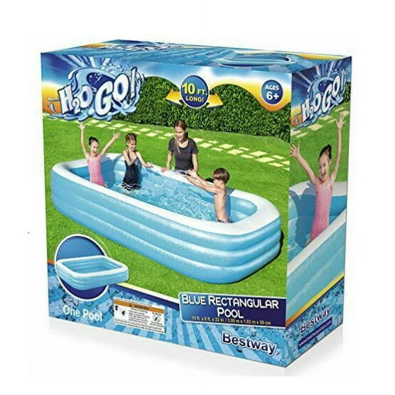 H2OGO! Blue Rectangular Family Pool - 10' x 6' x 22", Inflatable Outdoor Splash Pool, Wide Side Walls, Textured Pattern, Easy Drain, Adults-Kids 6 