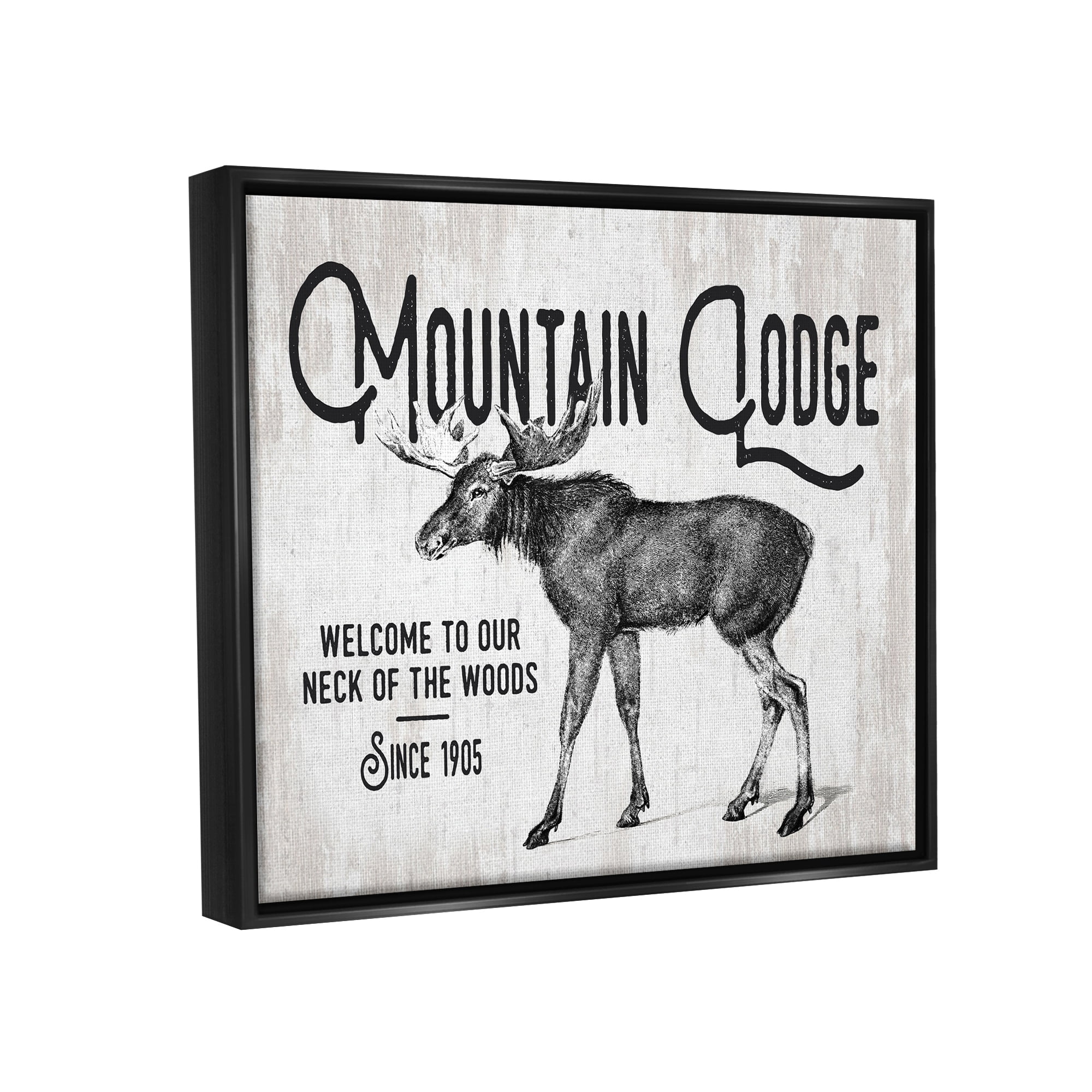 Stupell Industries Rustic Mountain Lodge Vintage Moose Cabin Sign Graphic Art Jet Black Floating Framed Canvas Print Wall Art, Design by Lettered and Lined