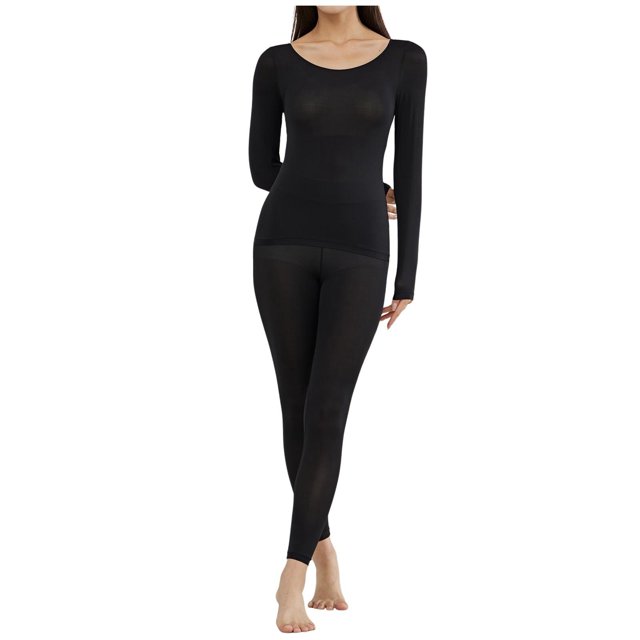 Ensemble Haut et Bas de sous-Vêtements Thermiques Longs et Fins à Col Ras du Cou pour Femmes