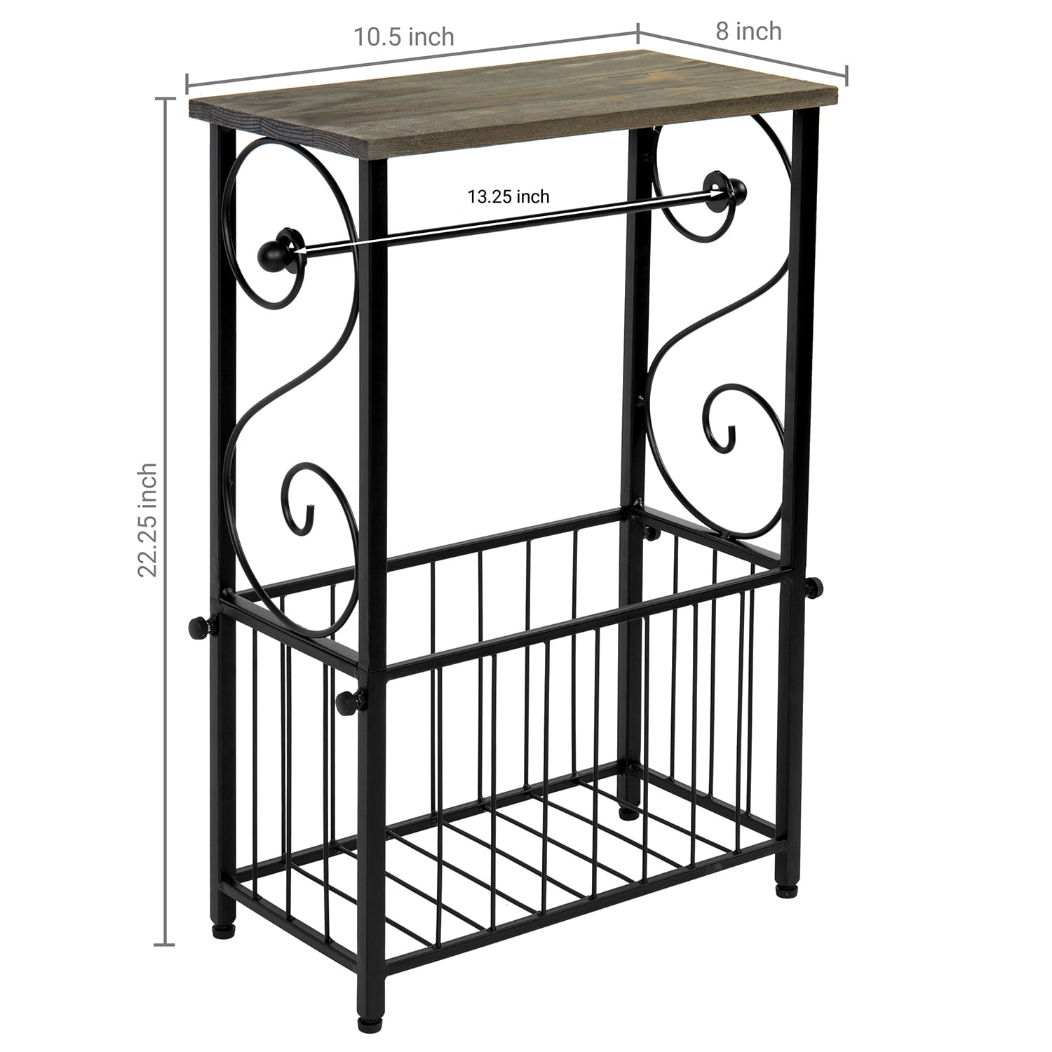MyGift Toilet Paper Roll Holder Stand and Magazine Organizer Rack with Gray Solid Wood Display Shelf, Freestanding Bathroom Storage, Scrollwork Black Metal