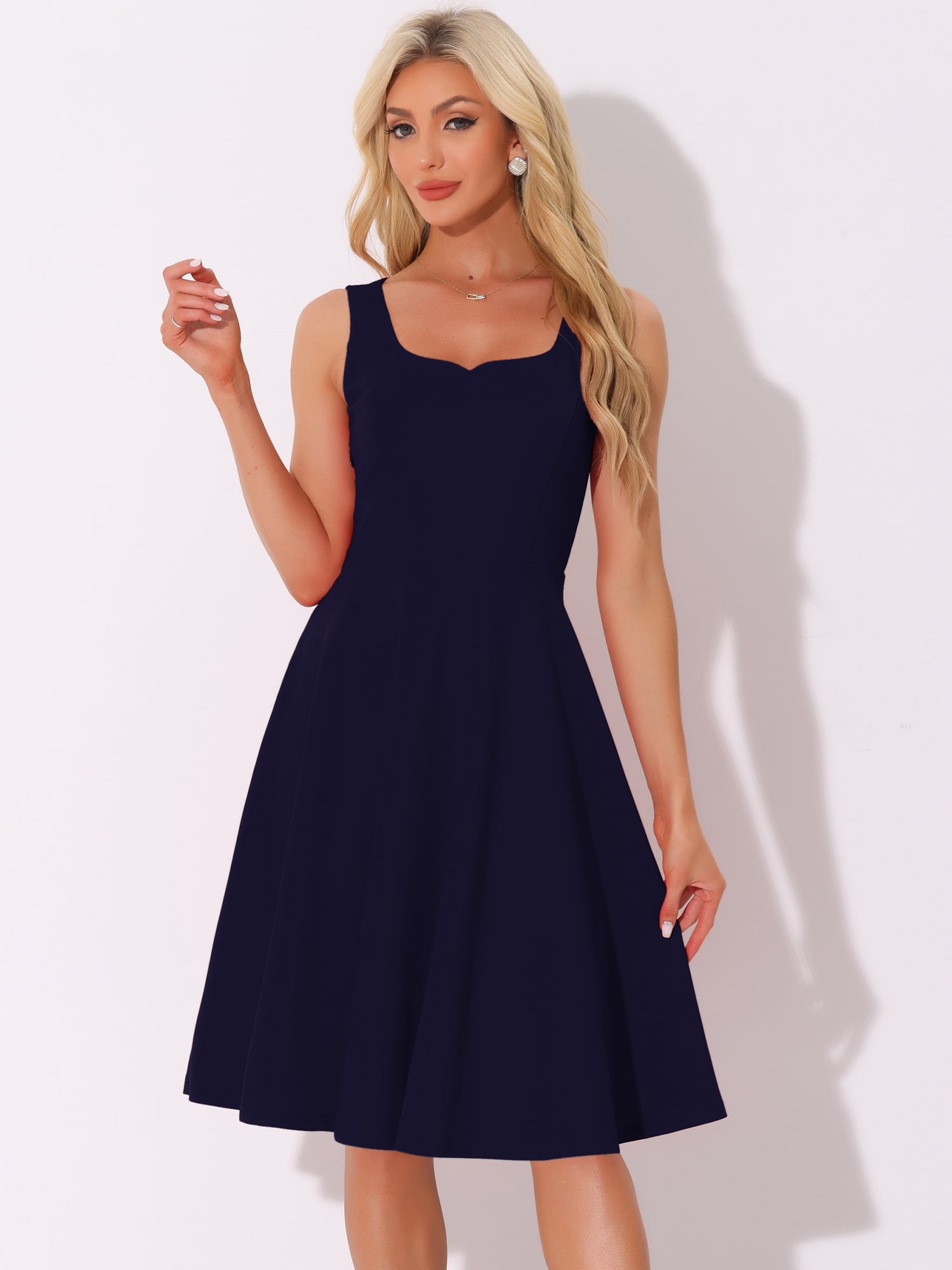 DARING DIVA Sweetheart Neck Swing Sleeveless Dress S Dark Blue