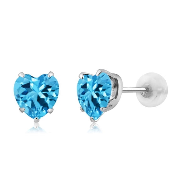 Gem Stone King 10K White Gold Swiss Blue Topaz Gemstone Birthstone Stud Earrings (1.90 cttw, 6MM Heart Shape)