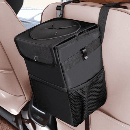 Car Trash Can with Lid - Car Trash Bag Hanging with Storage Pockets Collapsible and Portable Car Garbage Bin