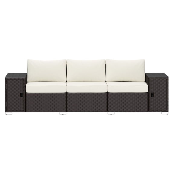 3-Seater Wicker Outdoor Couch, Patio Sofa with Storage, Cream White
