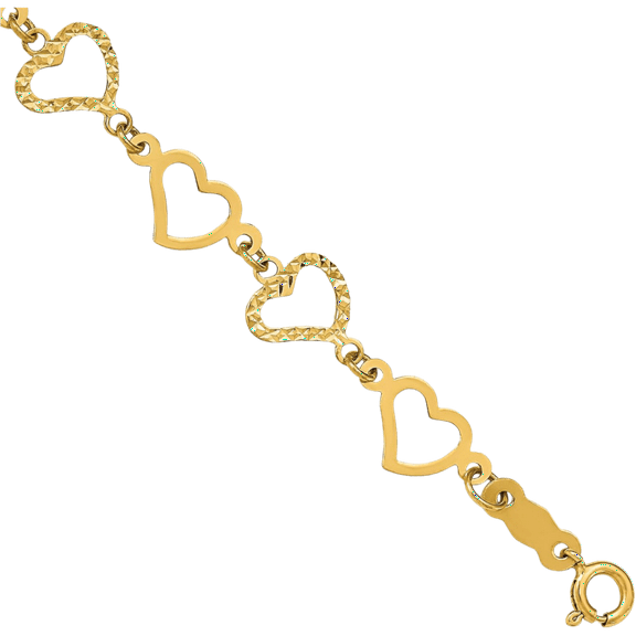 14K Solid Yellow Gold Heart Chain Charm Bracelet
