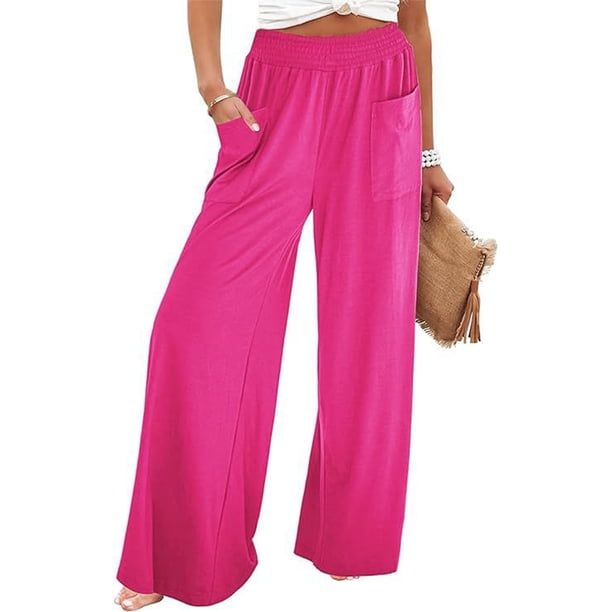 Pantalones de Mujer con Cintura Elástica, Estilo Informal, Holgados, de Pierna y Bolsillos. Rosa Roja M