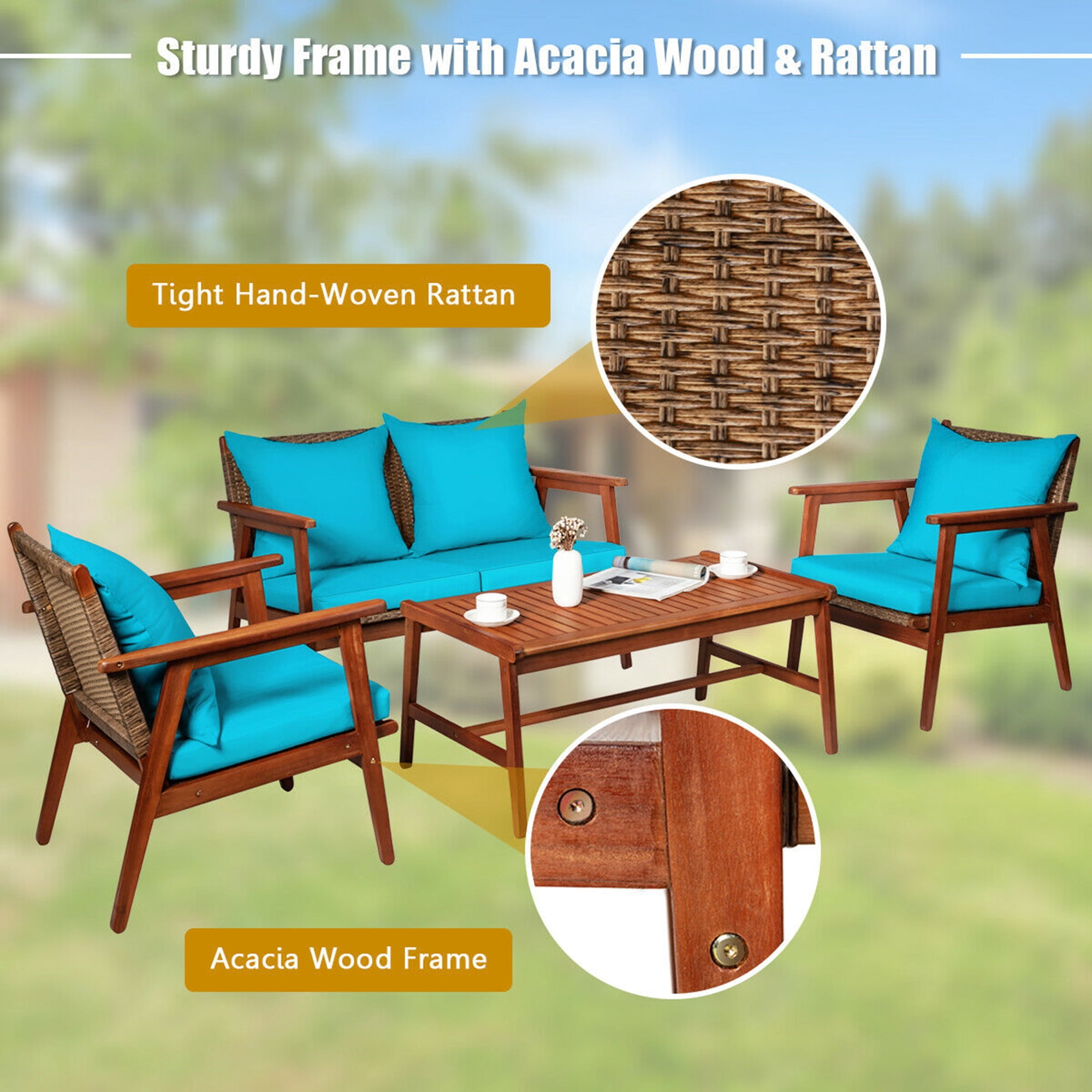 Gymax Fashion 4PCS Patio Conversation Set Wood Frame Furniture Set w/ Turquoise Cushions