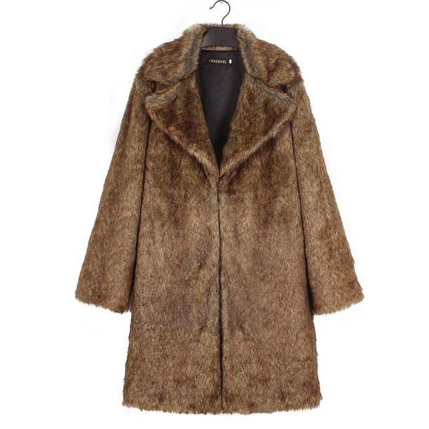 Penkiiy Women's Long Lapel Faux fur Jacket Shaggy Coat Warm