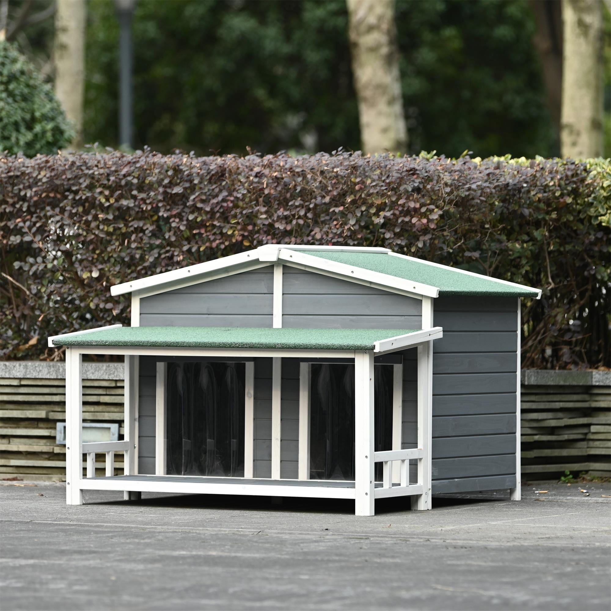 Pefilos 47" Large Wooden Dog House Outdoor & Indoor Dog Crate, Cabin Style, With Porch, 2 Doors Pet House, Gray Pefilos 47" Large Wooden Dog House Outdoor & Indoor Dog Crate, Cabin Style, With Porch, 2 Doors Pet House, Gray
