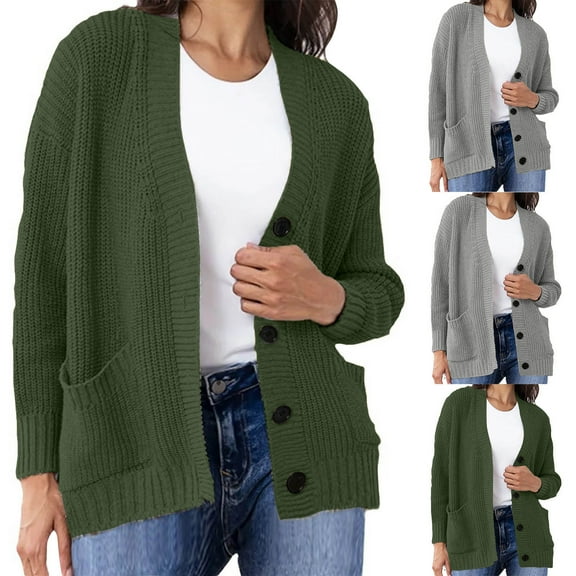 Aboser Long Sleeve Fall Cardigan Sweaters for Women Dressy Button Up Cardigans Warm Cable Knit Sweater Coats Loose V Neck Outwear with Pocket