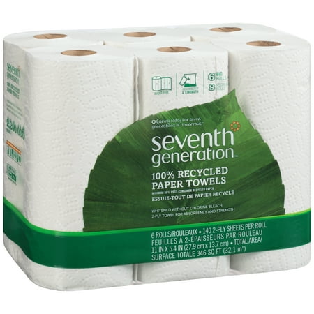 Seventh Generation 100% Recycled Paper Towel Rolls, 2-Ply, 11 x 5.4 Sheets, 140 Sheets/RL, 6/PK