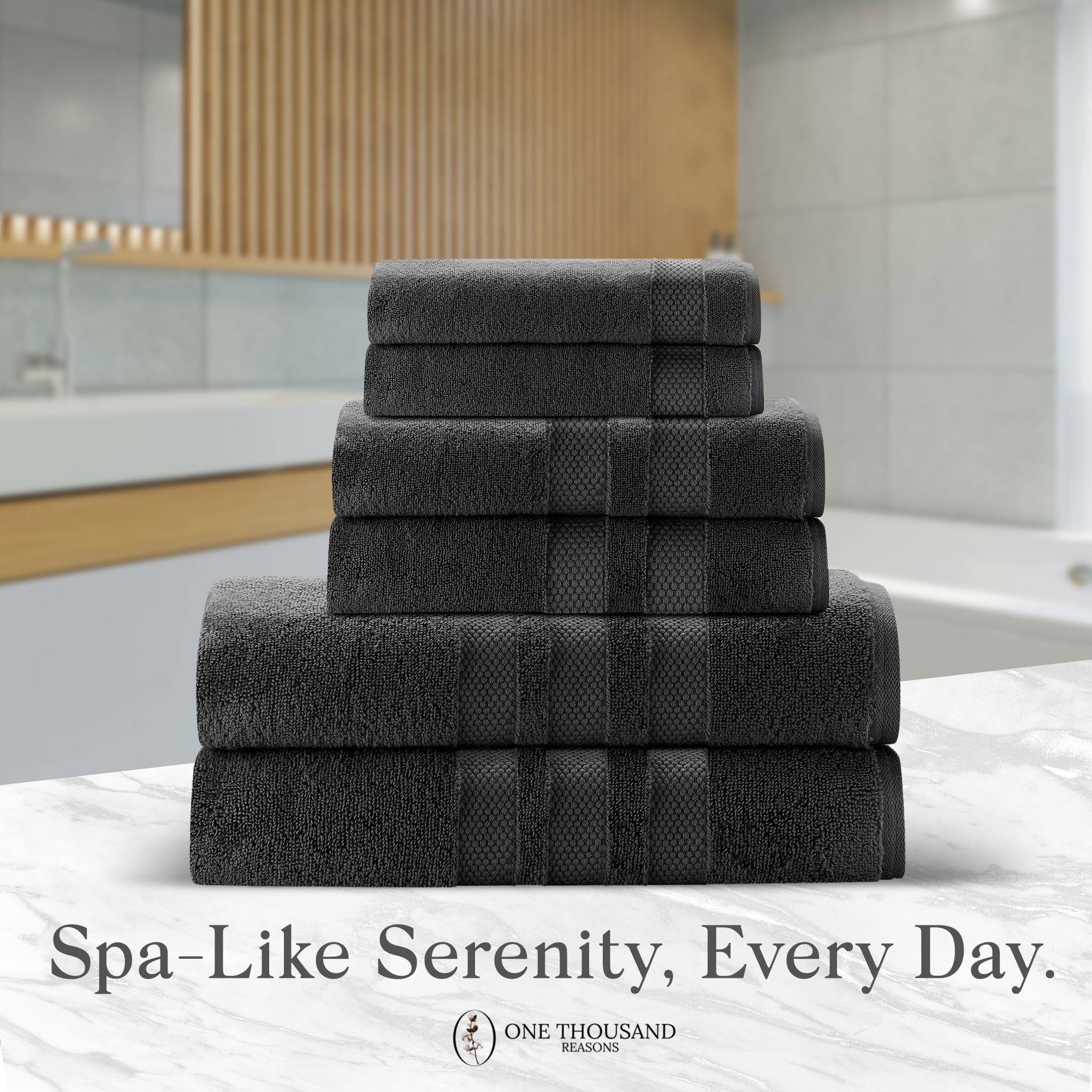 One Thousand Reasons Superior Zero Twist 3 Stripe Towel Set | Bath, Gym, Hand Towels | Luxury & Soft Cotton - Black (6 Pieces)
