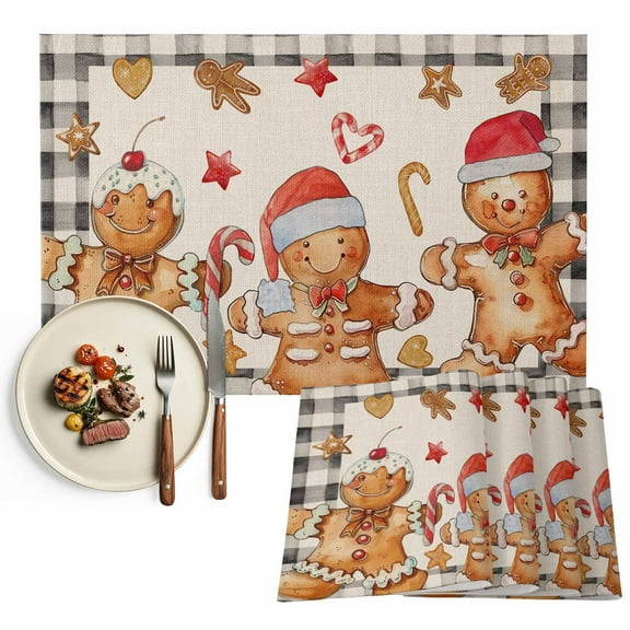 Vintage Christmas Gingerbread Man Placemats Set of 8, Beige Black Plaid Table Mats Washable Heat-Insulation Non-Slip Place Mats for Kitchen Dinner Table Indoor Outdoor Decor,13x19 Inch
