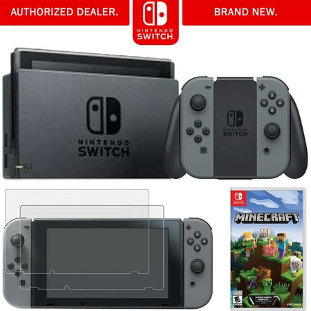 Nintendo Switch 32 GB Console with Gray Joy Con (HACSKAAAA) + Minecraft Bundle Includes, Nintendo Switch Minecraft and 2-Pack Tempered Glass Screen Protector