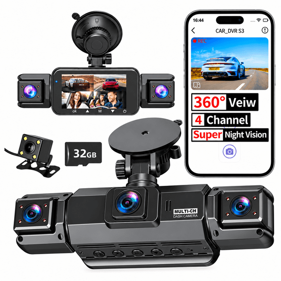 4 Channel Dash Cam, 360 Dash Camera for Cars, 2K Front   1080P Rear/Left/Right Camera, Built-in WiFi, APP Control，G-Sensor, Super Night Vision, 24/7 Recording Parking Mode Monitor, Free 32G SD Card